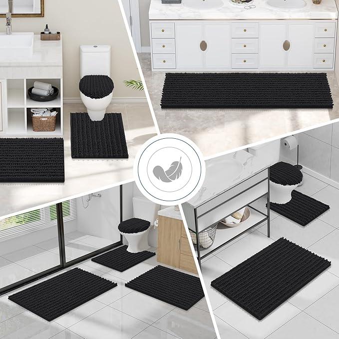 Smiry Bathroom Toilet Rugs U Shaped 24x20, Extra Soft Absorbent Non Slip Rubber Backing Chenille Contour Bath Rugs for Toilet, Machine Washable Contoured Bath Mats, Black - ModernBath