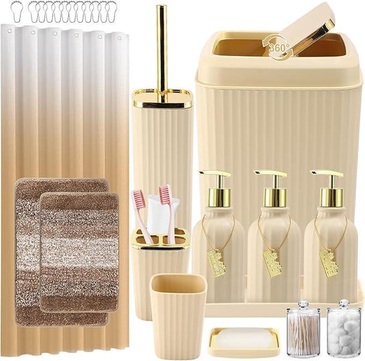 WSBArt 32PCS Bathroom Set Bathroom Sets with Shower Curtain and Rugs Beige Bathroom Accessories,Shower Curtain Set,Bathroom Rug Set with Bathroom Trash Can - ModernBath