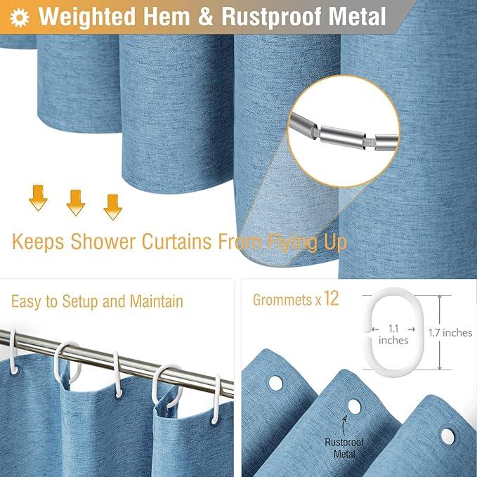 BTTN 78 Inch Long Shower Curtain - Blue Linen Textured Thick Weighted Fabric Shower Curtain Set with 12 Hooks, Tall Neutral Waterproof Polyester Shower Curtains for Bathroom - 72x78 - Moonlight Blue - ModernBath