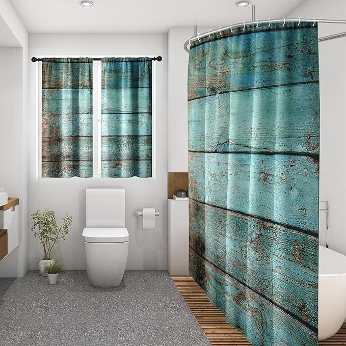 Culudea Turquoise Wooden Shower Curtain Set, Teal Green Blue Bathroom Window Waterproof Shower Curtain Set for Bathroom Decor - ModernBath