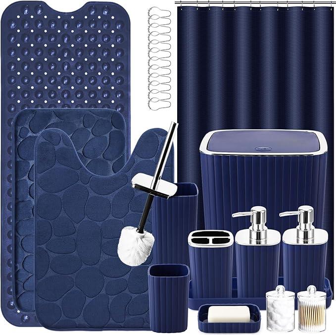 XLHOMO 26PC Bathroom Accessories Set - Gorgeous Blue Bathroom Set, Bathroom Accessory Set, Blue Shower Curtain Set with Bathtub Mats for Shower Tub - ModernBath
