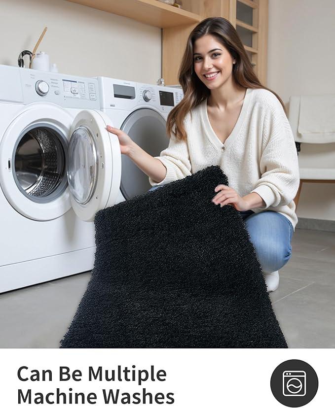 ILANGO Black Bathroom Rugs 48" × 24" Non Slip & Super Absorbent Extra Thick Soft, Washable Bath Mat for Floor, Microfiber Plush Shaggy Bath Rug with Rubber for Bathtub Shower Room Sink - ModernBath