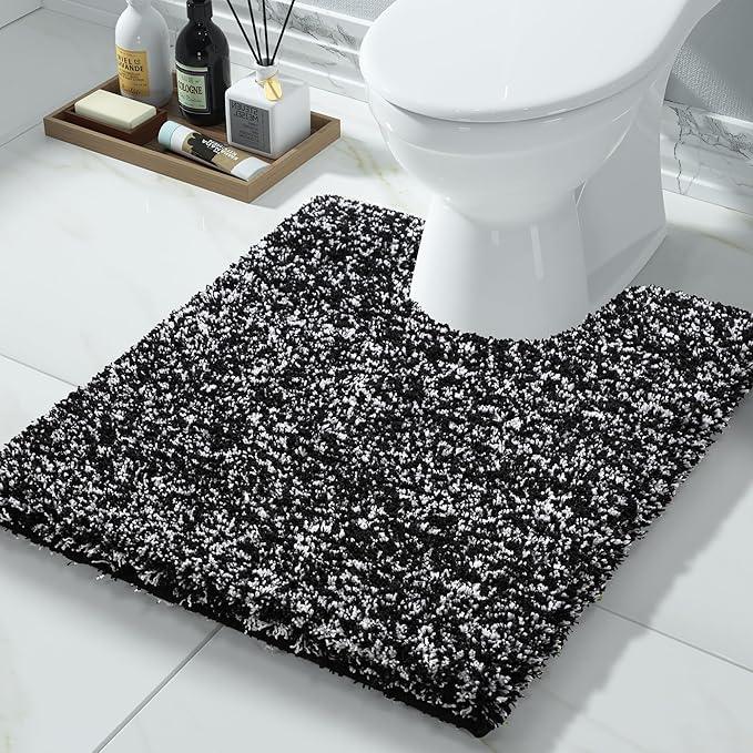 Yimobra Toilet Rugs U Shaped Washable 24x20, Ultra Soft and Water Absorbent Bath Mats, Non Slip Fluffy Shaggy Luxury Microfiber Contour Bath Rugs for Toilet, Dry Quick, Black and White - ModernBath