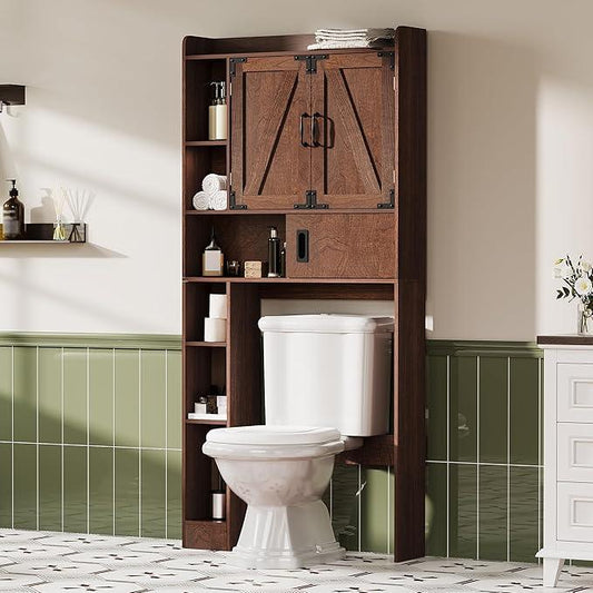 ChooChoo Over The Toilet Storage Cabinet, Farmhouse Bathroom Storage Cabinet with Sliding Door, Over Toilet Storage with Adjustable Shelves, Space-Saving, Walnut - ModernBath