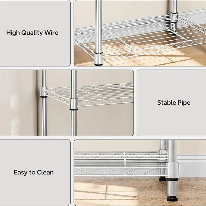 4 Tiers Shelf Metal Storage Shelves Wire Rack Closet Organizers with Wheel for Garage Kitchen Bathroom Laundry Chrome 11.8" D x 17.7" W x 41.9" H - ModernBath