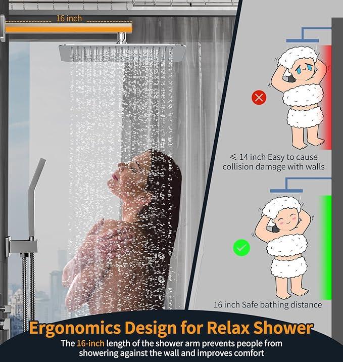 SR SUN RISE Polished Chrome Square Rainfall Shower Head and Handle Set, Wall Mounted Shower Fixtures, Metal Shower Faucet Trim Repair Kits (With Shower Valve) 16 Inches - ModernBath