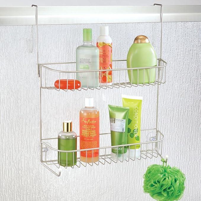 mDesign Extra Wide Metal Wire Over the Bathroom Shower Door Caddy, Hanging Storage Organizer with Built-In Hooks and Baskets on 2 Levels for Shampoo, Body Wash, Loofahs, Rust Resistant - Satin - ModernBath