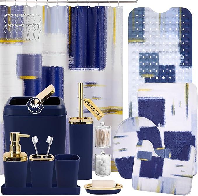 XLHOMO Bathroom Accessories Set - 26PCS Navy Blue Bathroom Set, Bathroom Accessory Set with Shower Curtain and Rugs and Bathtub Mats for Home - ModernBath