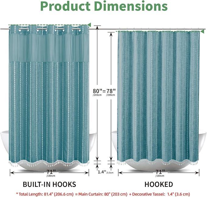 eachope No Hook Long Shower Curtain Set with Snap-in Fabric Liner,Linen Textured Thick Striped Fabric with Tassels,Boho Farmhouse Rustic Luxury Bathroom Curtain,Water-Repellent,Teal,71x80 - ModernBath