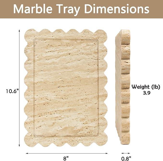YMXYJM Genuine Travertine Scalloped Marble Tray, Real Natural Marble Stone Trays, Luxury Decorative Trays for Bathroom, Dresser, Vanity, Kitchen, Home Decor, 10.6" x 8", Travertine Beige - ModernBath