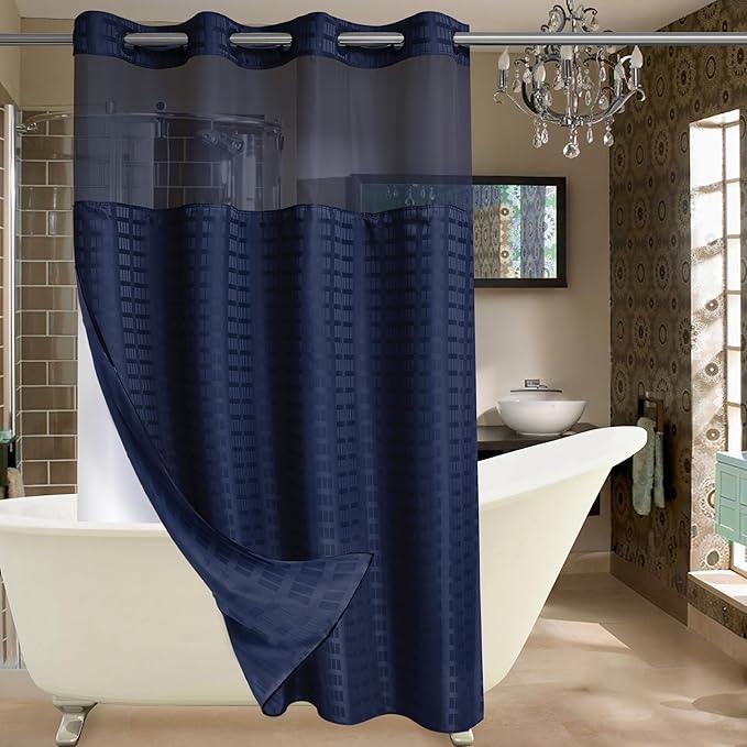 Conbo Mio Stall No Hook Shower Curtain with Snap in Liner Set, Hotel Luxury Navy Blue Shower Curtains for Bathroom with See Through Top Window, Waterproof, Washable 54W x 74H - ModernBath