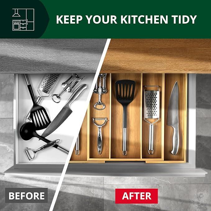 ROYAL CRAFT WOOD Luxury Bamboo Kitchen Drawer Organizer - Silverware Organizer - Utensil Holder and Cutlery Tray with Grooved Drawer Dividers for Flatware and Kitchen Utensils (5 Slot, Natural) - ModernBath