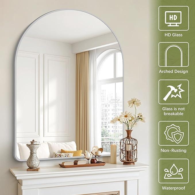 Arched Wall Mirror for Bathroom, 36"x48" Silver Arch Bathroom Mirror, Wall Mounted Mirror, Silver Vanity Wall Mirror w/Metal Frame for Bedroom, Entryway, Living Room, Vertically Hanging - ModernBath