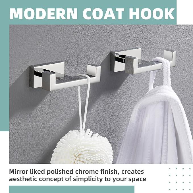 APLusee Double Robe Towel Hook Polished Chrome 2 Pack, 304 Stainless Steel Square Towel Hanger, Minimalist Coat Holder for Modern Bathroom Washroom - ModernBath