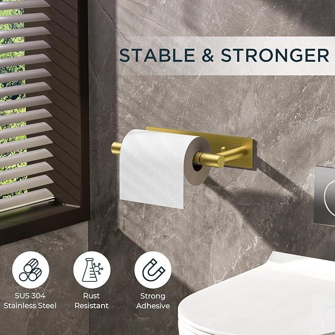 FORIOUS Toilet Paper Holder, Adhesive or Wall Mounted Options, Stainless Steel Rustproof Stick on no Drilling Double Post Pivoting Toilet Tissue Roll Holder Wall Mount for Bathroom, Brushed Gold - ModernBath