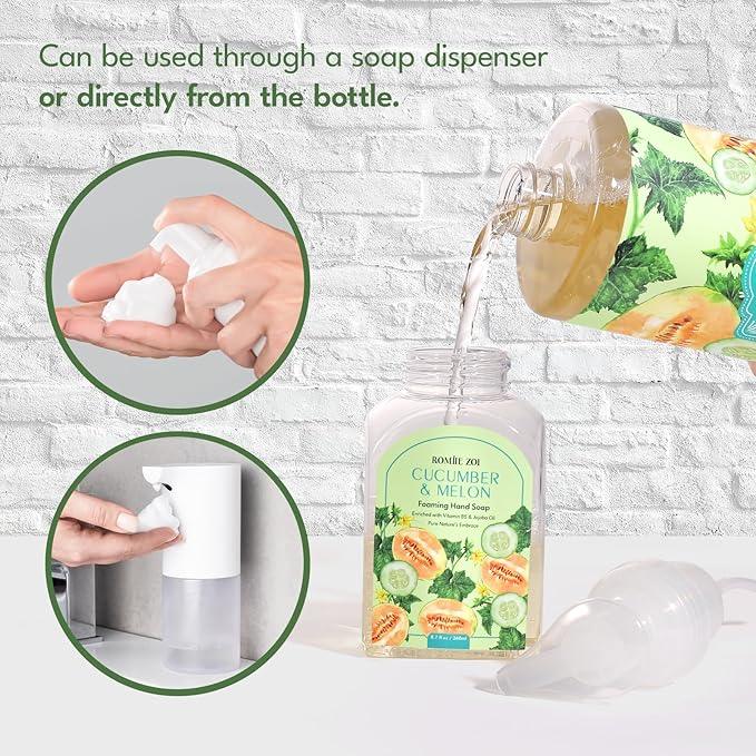 ROMIIE ZOI Natural Cucumber&Melon Foaming Hand Soap Refills 3-Pack (33.8 Fl Oz Each) with Dispenser - Plant-Based, Non-Toxic, Large Volume for Kitchen, Bathroom - Great Value Gift Set for Housewarming - ModernBath