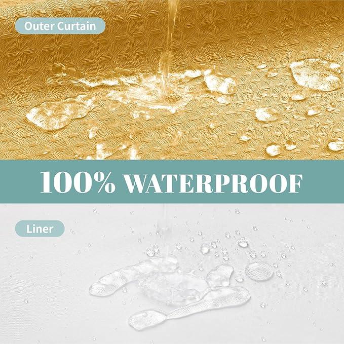 eachope Gold No Hook Waffle Weave Shower Curtain with snap-in Liner Replacement, 230GSM Waterproof Fabric Hotel Shower Curtain Set for Bathroom, Through Mesh Top Window,71Wx74H - ModernBath
