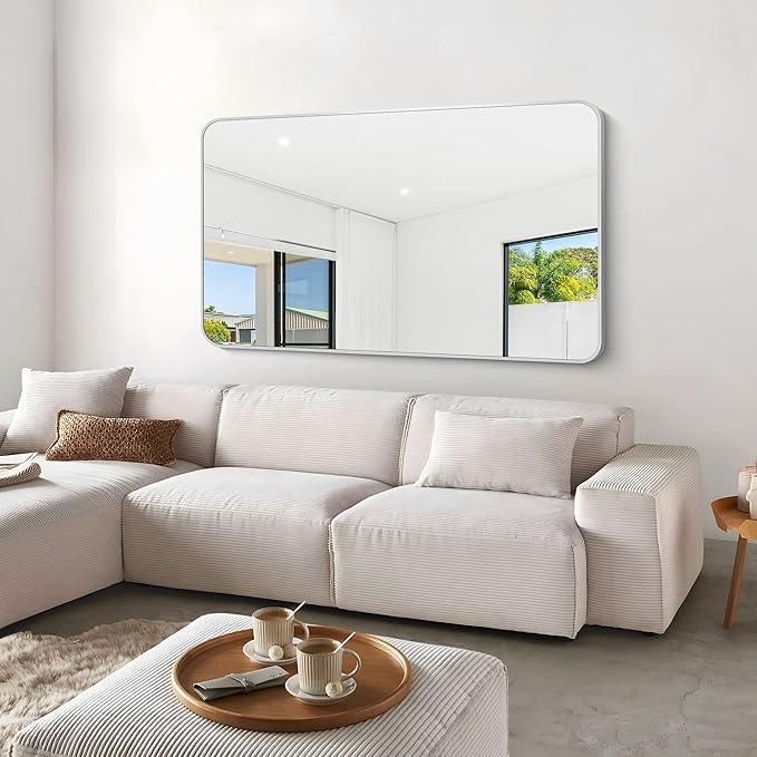 BONEWEI Silver Bathroom Mirror,60x36 inch Wall Mirror for Bathroom Wall Mounted,Rectangle Mirror for Bathroom Over Sink,Modern Frame Round Corner for Living Room,Bedroom Entryway,Horizontal/Vertical - ModernBath