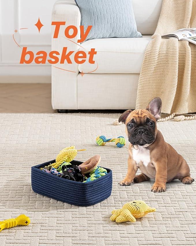 Small Woven Basket, 12 x 8 x 4.5 Inches, Storage Basket for Organizing, Cute Small Rope Shelf Closet Cube Storage Bins Baskets for Shelves, Dog Toy Gift Baskets Empty, 3 Packs, Navy Blue - ModernBath