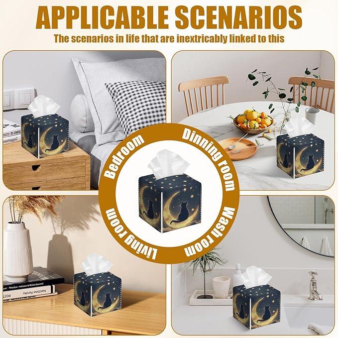Starry Night Cat Tissue Box Cover 2PCS, Leather Tissue Box Holder Square Facial Paper Case Tissue Box Cube Organizer for Bathroom Bedroom Desk Office - ModernBath