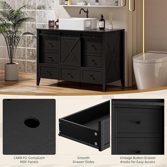 VNN Bathroom Vanity with Sink - 48 Inch Bathroom Vanity with Sink Ceramic, Freestanding Cabinet with Farmhouse Sliding Barn Door and 7 Drawers, Space-Saving Storage Cabinet, Wood Grain Texture, Black - ModernBath