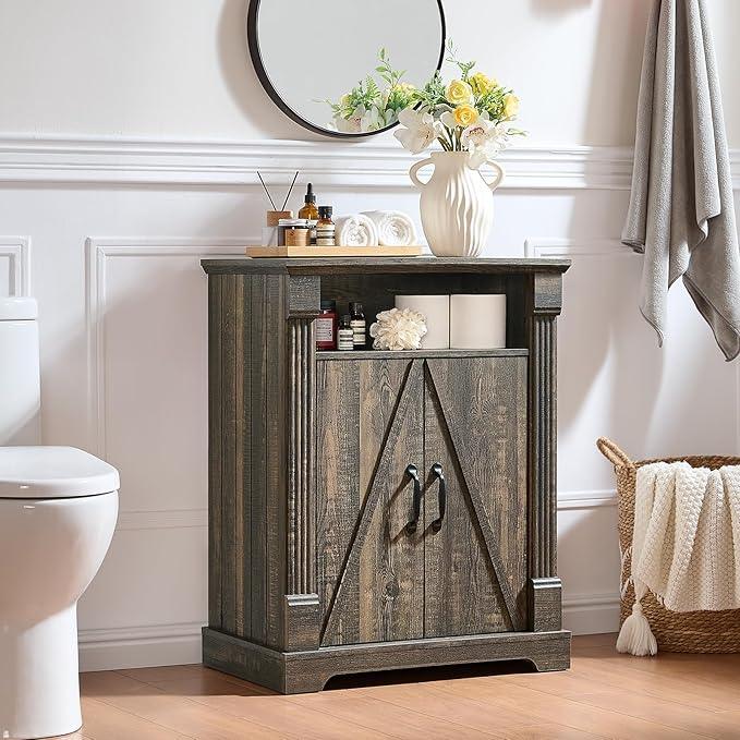 24" Farmhouse Storage Cabinet – Dark Rustic Oak Freestanding Buffet Sideboard with Barn Doors, Adjustable Shelf, Small Coffee Bar for Kitchen, Bathroom & Living Room - ModernBath