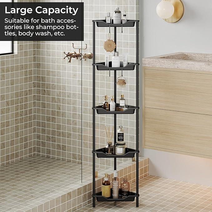 ODesign 5 Tier Floor Standing Corner Shower Caddy Organizer, Plastic Metal Floor Corner Shelf Storage Rack for Bathroom Black- Rustproof - ModernBath