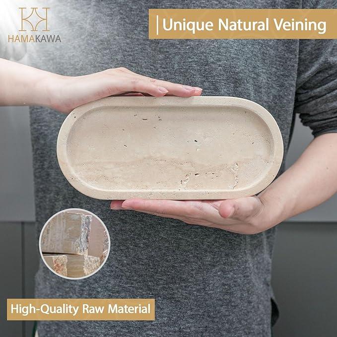 HAMAKAWA Bathroom Vanity Tray, Natural Marble Oval Sink Tray 10 inch, Beige Travertine Vanity Tray for Soap Dispenser Modern Countertop Organizer for Kitchen Countertops, Home Decor - ModernBath