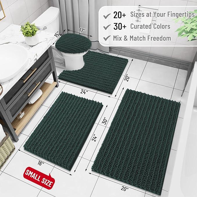 Arotive Luxury Chenille Bathroom Rug Mat, Extra Soft Thick Absorbent Shaggy Bath Rugs, Non-Slip Machine Wash Dry, Plush Bath Mats for Bathroom, Shower and Tub, 45x27, Dark Green - ModernBath
