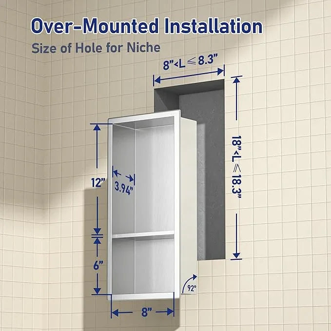Stainless Steel Shower Niche 18"× 8" Brushed with 2- Tier Shelf No Tiled Needed Niche Shower for Wall Recessed Shower Shelf for Bathroom Storage - ModernBath