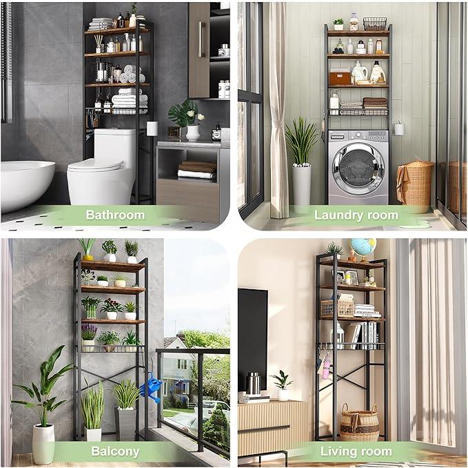 Over-The-Toilet Storage Rack, 4-Tier Bathroom Organizer Shelf Over Toilet with Adjustable Shelf and Basket, Freestanding Space Saver Bathroom Shelves Above Toilet for Room (Vintage Brown) - ModernBath
