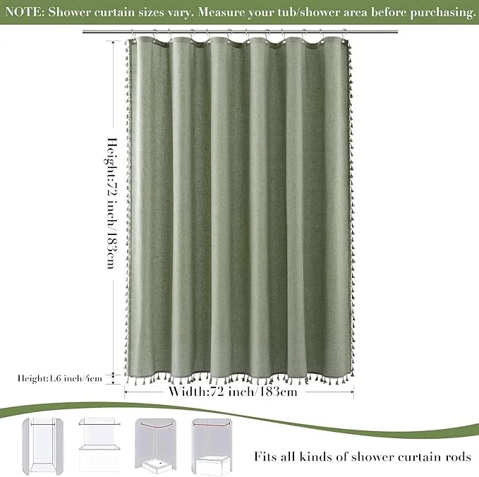 Nanspring Sage Green Boho Linen Shower Curtain 72 Inch Length Vintage Farmhouse Weighted Tassel Design Green Shower Curtain for Bathroom with Hooks Bohemian Modern Neutral Cottage Style Decor 72x72 - ModernBath