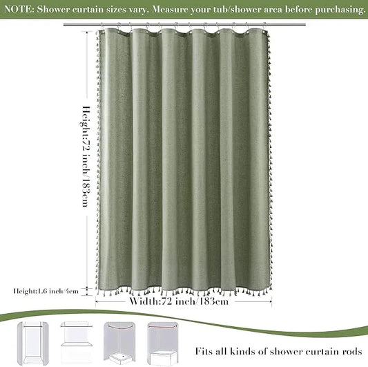 Nanspring Sage Green Boho Linen Shower Curtain 72 Inch Length Vintage Farmhouse Weighted Tassel Design Green Shower Curtain for Bathroom with Hooks Bohemian Modern Neutral Cottage Style Decor 72x72 - ModernBath