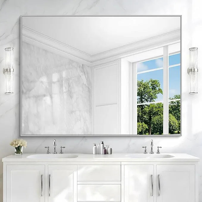 COFENY Silver Bathroom Mirror, 48"X36" Rectangle Mirrors for Wall Metal Frame, Bathroom Rectangular Mirror Modern Wall Mirror for Bedroom Living Room, Hangs Horizontal or Vertical - ModernBath
