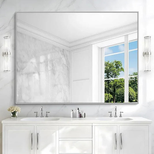 COFENY Silver Bathroom Mirror, 48"X36" Rectangle Mirrors for Wall Metal Frame, Bathroom Rectangular Mirror Modern Wall Mirror for Bedroom Living Room, Hangs Horizontal or Vertical - ModernBath