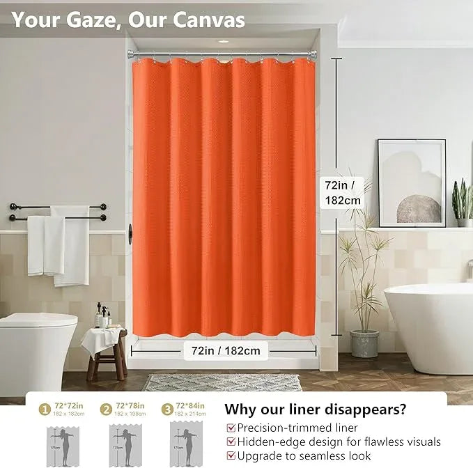 Luxury 3 in 1 Shower Curtain Set 3D Textured Waffle Weave Bathroom Curtain with Waterproof SGS Certified Fabric Liner & 12 Anti-Fall Stainless Steel Hooks, Machine Washable 72"x72" (Orange) - ModernBath
