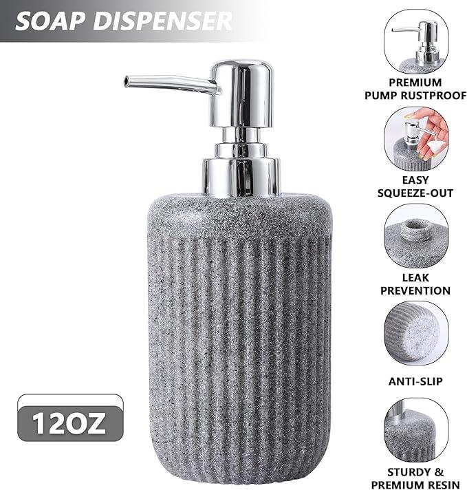 XLHOMO Resin Grey Bathroom Accessories Set 5 Pcs, Lotion Soap Dispenser, Toothbrush Holder, Bathroom Tumbler, Qtip Holder and Vanity Tray, Bathroom Countertop Organizer Set for Modern Home Apartment - ModernBath