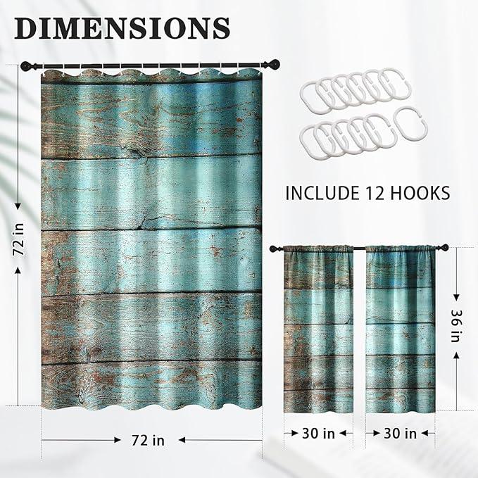Culudea Turquoise Wooden Shower Curtain Set, Teal Green Blue Bathroom Window Waterproof Shower Curtain Set for Bathroom Decor - ModernBath