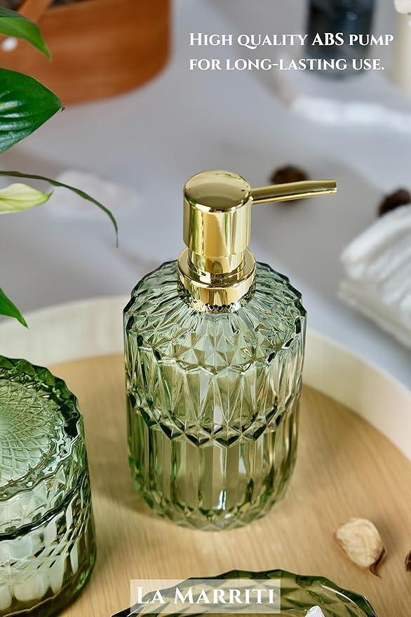 LaMarriti 4pcs Glass Bathroom Accessories Set, Clear Green Bathroom Soap Dispenser Set, Toothbrush Holder, Soap Dish, Soap Dispenser, Qtips Holder Set for Crystal Vintage Bath Decor (Green) - ModernBath
