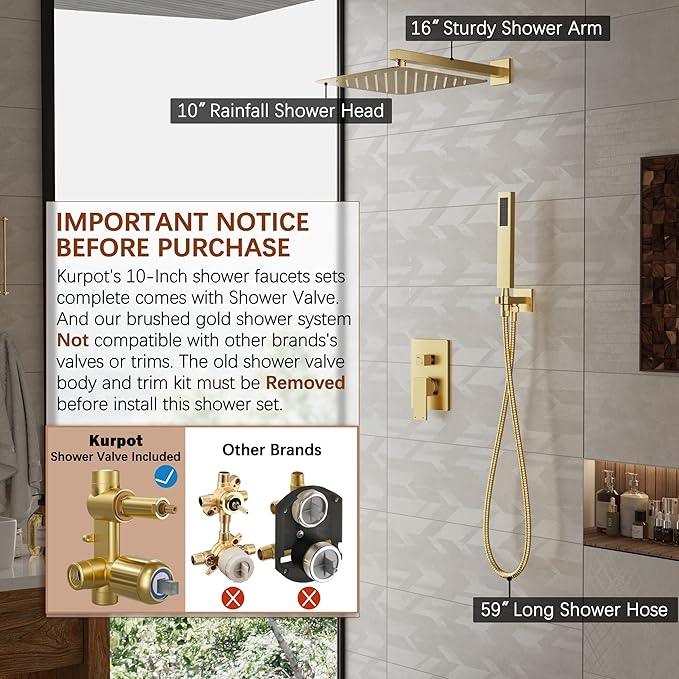 Kurpot Gold Shower System, 10'' Square Rainfall Shower Head with Handheld Combo Spray, Bathroom Brushed Gold Shower Faucet Set with Valve, 59'' Shower Hose, Shower Trim Kit and Diverter, Wall Mounted - ModernBath