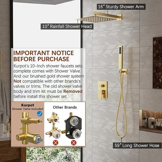 Kurpot Gold Shower System, 10'' Square Rainfall Shower Head with Handheld Combo Spray, Bathroom Brushed Gold Shower Faucet Set with Valve, 59'' Shower Hose, Shower Trim Kit and Diverter, Wall Mounted - ModernBath