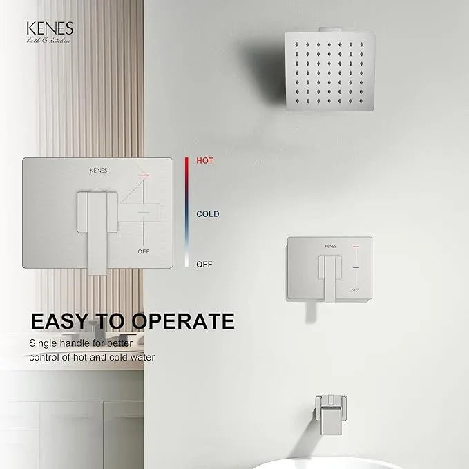 KENES Tub Shower Faucet Set Complete, Brushed Nickel Tub and Shower Trim Kit with 6-Inch Rain Shower Head, Square Shower System, KE-6025A (Shower Valve Included) - ModernBath