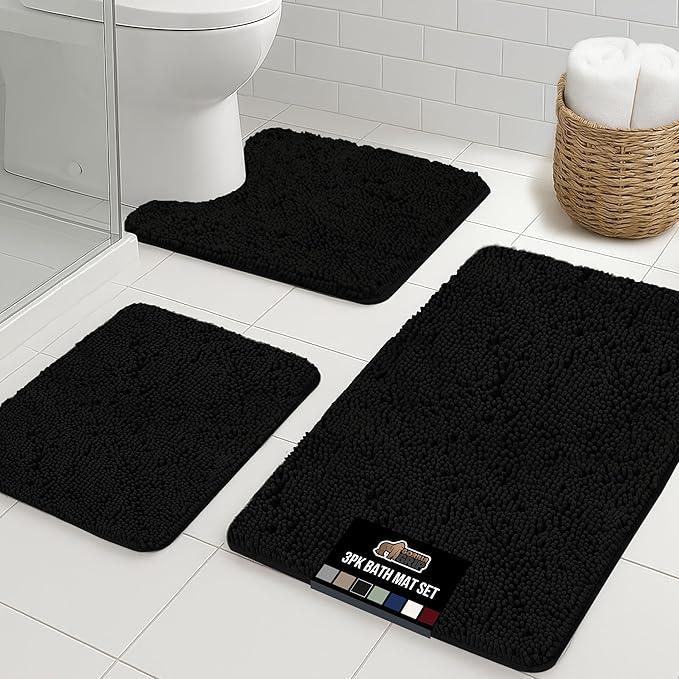 GORILLA GRIP Bathroom Rug Sets 3 Piece, Bath Mat Set and Oval Toilet Base with Rubber Backing, Plush Absorbent Shaggy Chenille Washable Mats, Includes 24x19.5, 24x17 and 30x20 Inch Rugs, Black - ModernBath