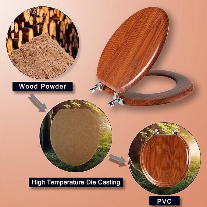 Round Toilet Seat Molded Wood Toilet Seat with Zinc Alloy Hinges, Easy to Install also Easy to Clean, Anti-pinch Wooden Toilet Seat by Angol Shiold (Round, Brownish Yellow) - ModernBath