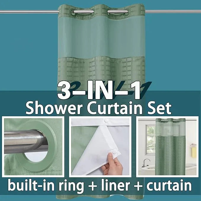 Conbo Mio Stall No Hook Sage Green Shower Curtain with Snap in Liner Set, Hotel Luxury Shower Curtains for Bathroom with See Through Top Window, Waterproof, Washable 36W x 74H - ModernBath