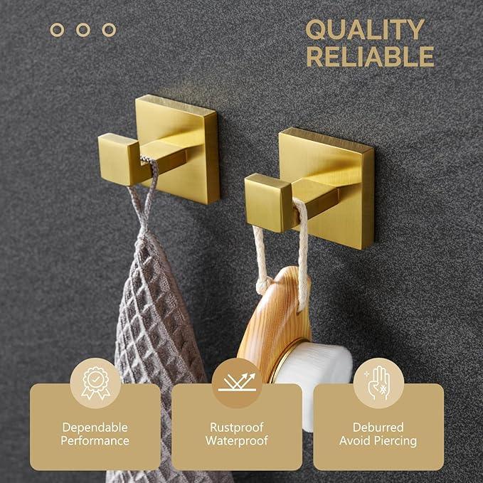 Angle Simple Towel Hook Brassy Gold 2 Pack, 304 Stainless Steel Square Robe Hook for Bathroom - ModernBath
