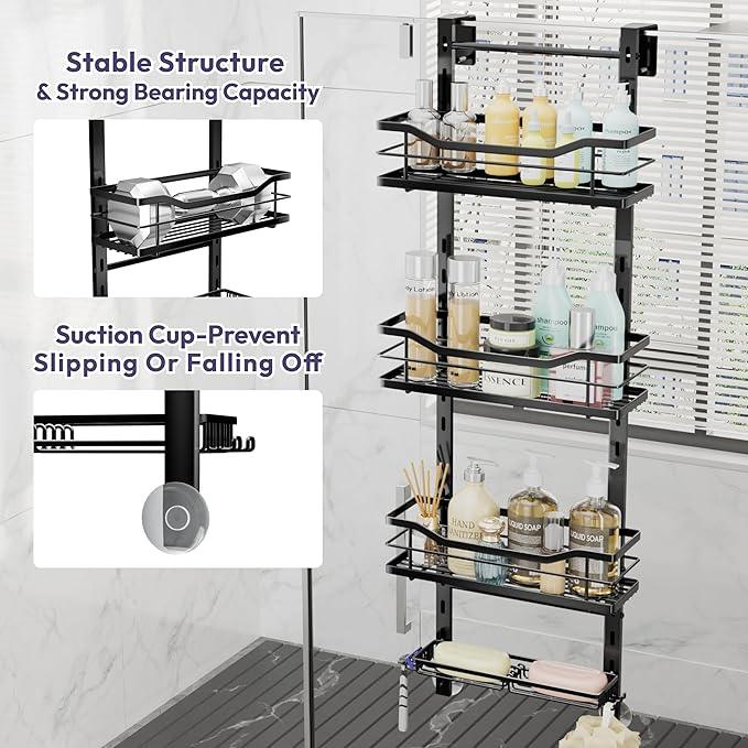 SWTYMIKI Over the Door Shower Caddy - 4 Tier Adjustable Shower Organizer Hanging with Soap Holder, No Drilling Stainless Steel Bathroom Rack Hanging for Body Wash, Shampoo, Soap, Razor, Black - ModernBath