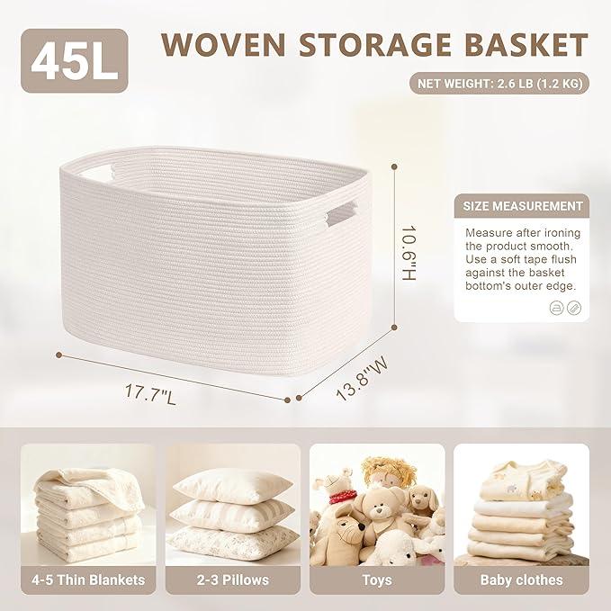 45L Small Baby Girls Laundry Basket for Nursery Storage,Cute Woven cotton Rope Baskets for Kids Toy，Gifts,Boho Square Wicker Blanket hamper for Living Room,Bedroom Dirty Clothes, White - ModernBath