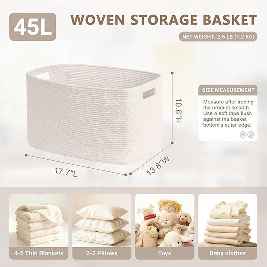 45L Small Baby Girls Laundry Basket for Nursery Storage,Cute Woven cotton Rope Baskets for Kids Toy，Gifts,Boho Square Wicker Blanket hamper for Living Room,Bedroom Dirty Clothes, White - ModernBath