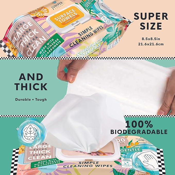 Juniper CLEAN 3 Packs Surface Cleaning Wipes Bleach Free, Thick & Large Dispose, All-Purpose Cleaner for Bathroom, Kitchen, Office, 300 Count Soft Flow, Biodegradable, Citrus Scent - ModernBath